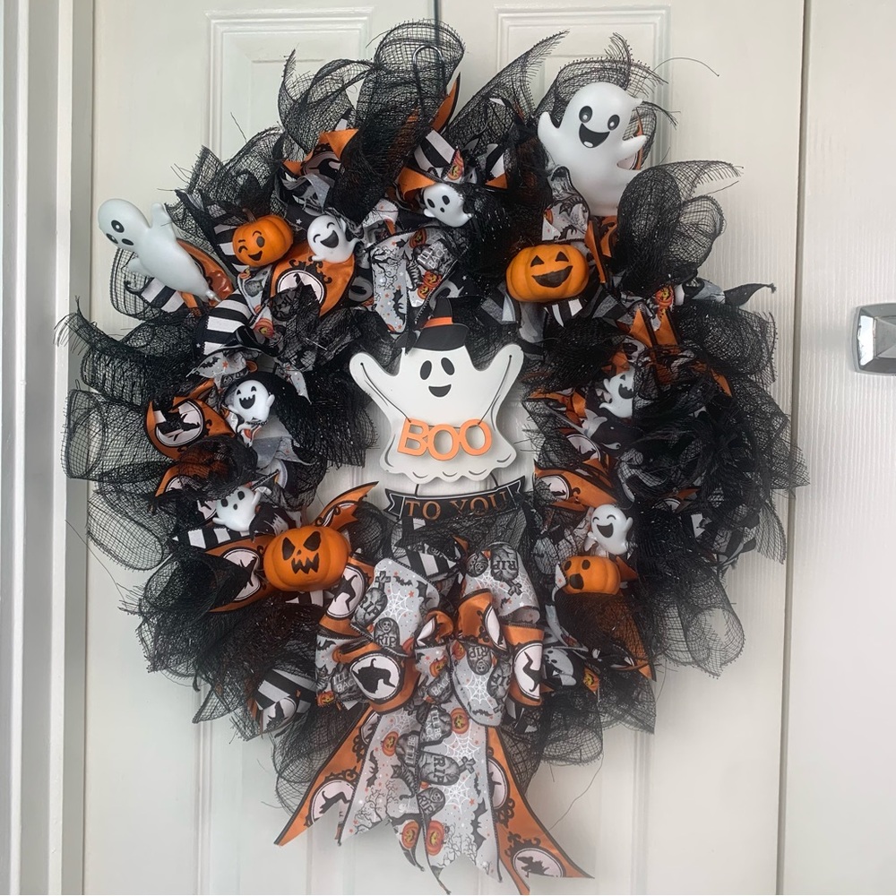 Handmade Halloween Deco Mesh Wreath 18in Boo To You Ghost Pumpkin Black Orange - Picture 4 of 5